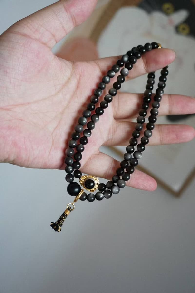 天然銀曜石手鏈多圈搭配925銀鑲天眼隔珠925銀跑環 闢邪保平安