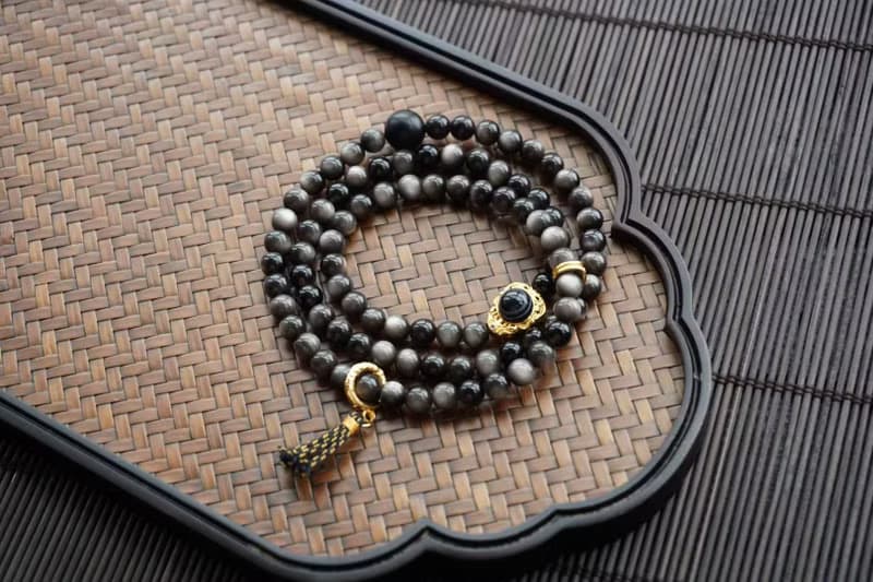 天然銀曜石手鏈多圈搭配925銀鑲天眼隔珠925銀跑環 闢邪保平安