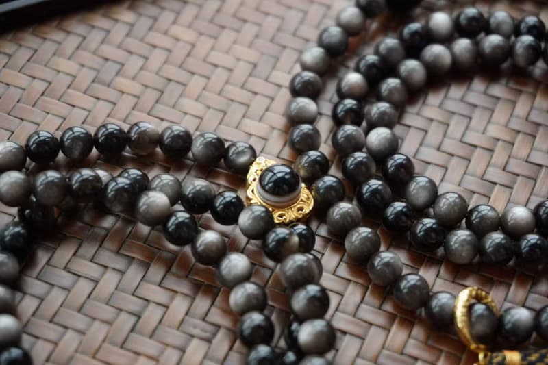 天然銀曜石手鏈多圈搭配925銀鑲天眼隔珠925銀跑環 闢邪保平安