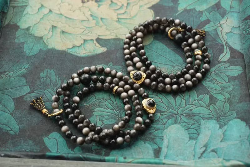 天然銀曜石手鏈多圈搭配925銀鑲天眼隔珠925銀跑環 闢邪保平安