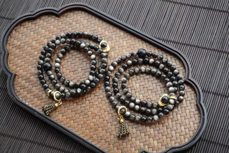 天然銀曜石手鏈多圈搭配925銀鑲天眼隔珠925銀跑環 闢邪保平安