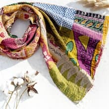 手縫紗麗布拼接絲巾/刺繡絲巾/刺繡圍巾/手縫紗麗線絲巾-北歐花朵