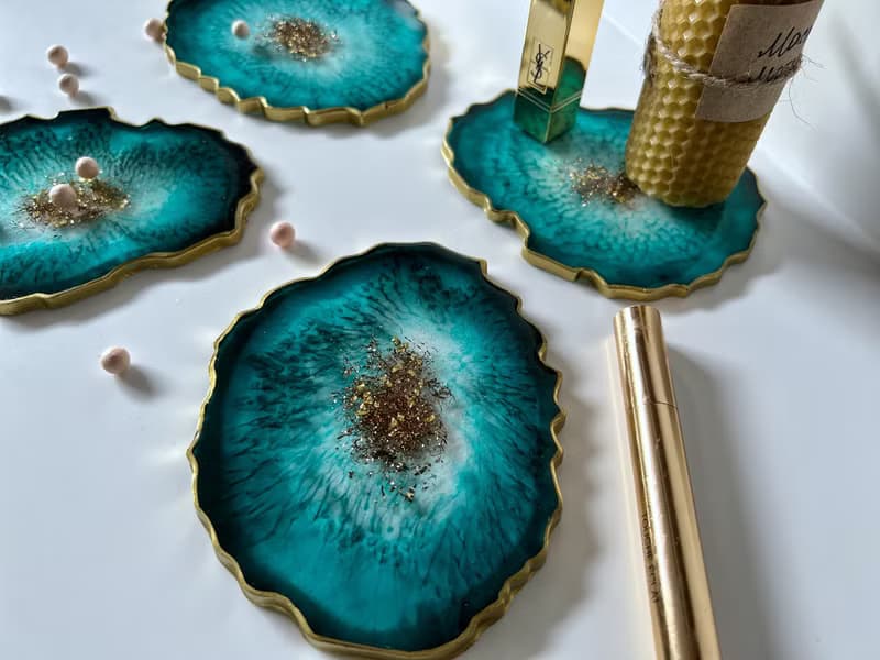 Teal agate coasters set, geode coasters, resin coasters christmas gift, housewar