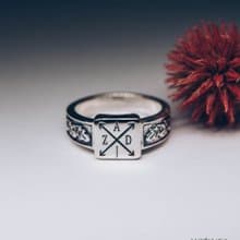 Monogram Silver Square Signet Ring Men with Initials and Side Oak Leaves