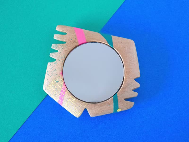 Abstract Hand Painted Wood Pocket Mirror (neon pink and green)