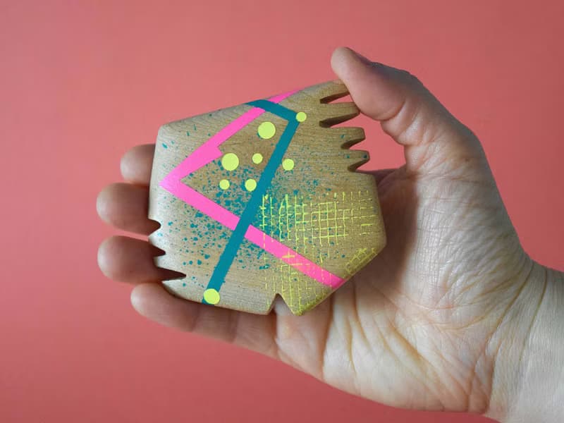 Abstract Hand Painted Wood Pocket Mirror (neon pink and green)