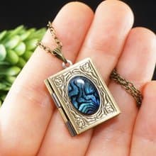 Abalone Paua Rectangle Book Locket Blue Teal Turquoise Pendant Necklace Jewelry