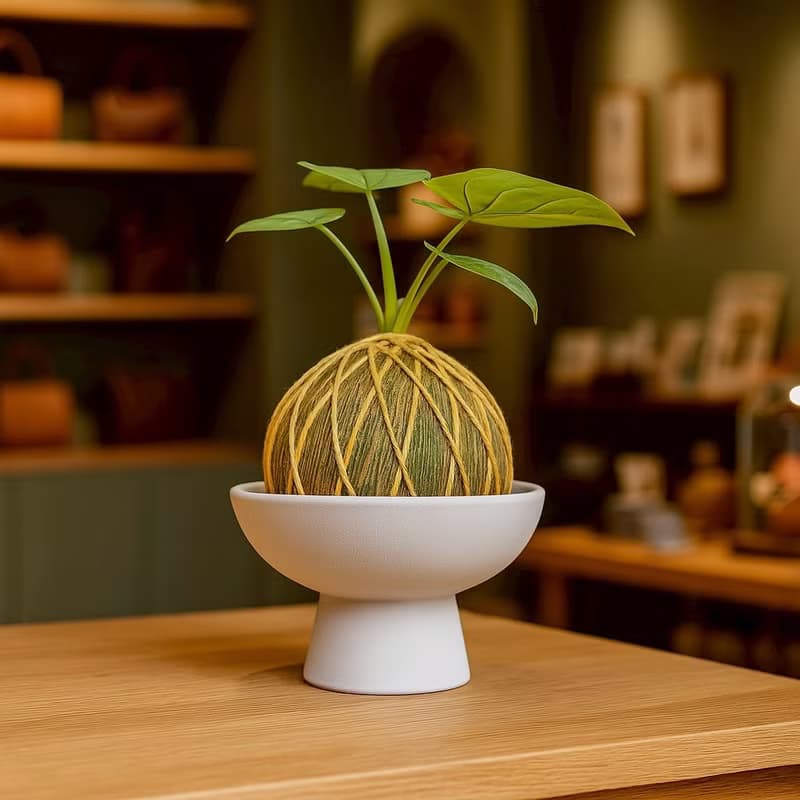 苔球植物 銀龍觀音蓮咖啡綠苔球加磨砂高腳缽 苔球 苔玉 禮物