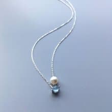 SV925 Aquamarine Necklace, March Birthstone,  Akoya Pearl Dainty Necklace