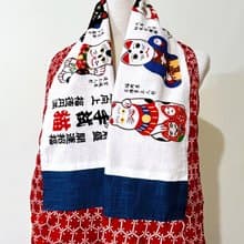 純手作/古董羊毛紅色六角幾何圖騰純棉招財貓染布圍巾披肩
