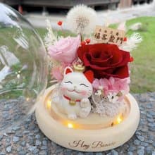 可急單 花開富貴 招財貓玫瑰蒲公英圓球玻璃罩LED永生花