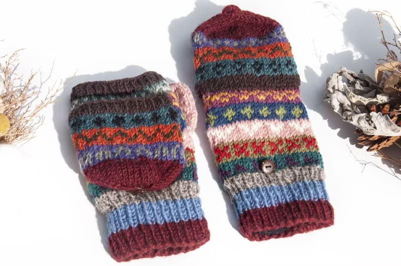 手織純羊毛針織手套/可拆卸保暖手套/內刷毛手套/觸控手套-櫻桃