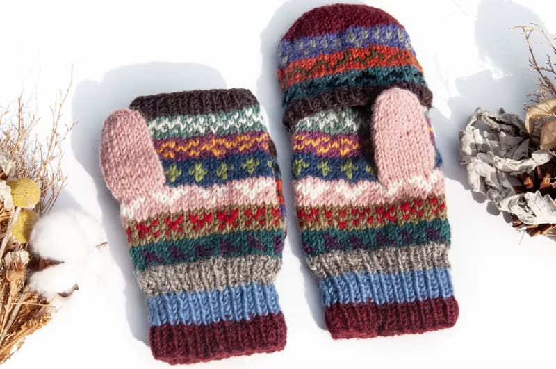 手織純羊毛針織手套/可拆卸保暖手套/內刷毛手套/觸控手套-櫻桃