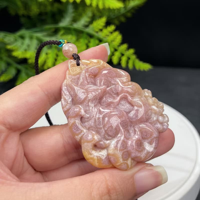 高品質珊瑚玉吊墜冰潤高瓷玉化檸檬片粉紫色手雕九尾狐祥瑞好運