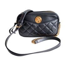 全新品 Versace 黑色方格羊仔皮絎縫皮金色圓型Medusa Logo配金鍊