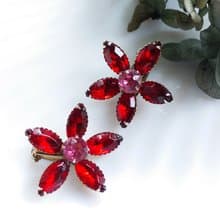 Vintage Jewelry 西洋古董飾品 紅萊茵花朵 夾式耳環