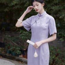 馥玉 紫色短袖改良旗袍 夏季修身少女年輕款洋裝 復古連衣裙