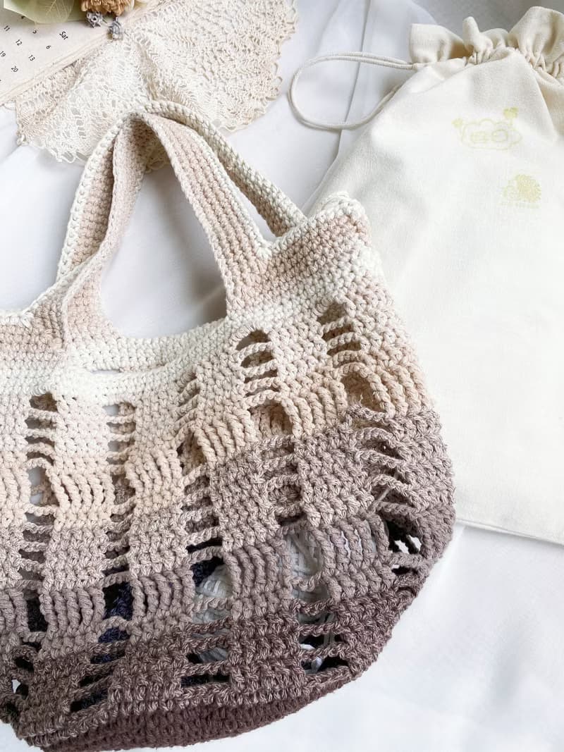 【芳小姐手作】夏日手工韓國棉線手工編織鏤空漸層咖啡奶茶手提袋
