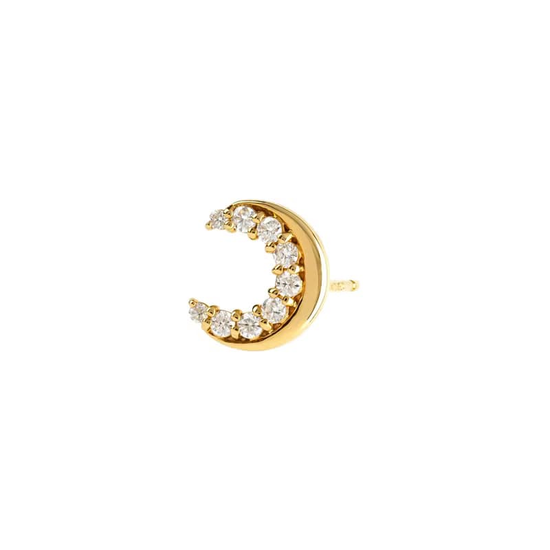 【Solo Earring】 18K/10K 莫桑石月亮單邊耳環 (黃金)