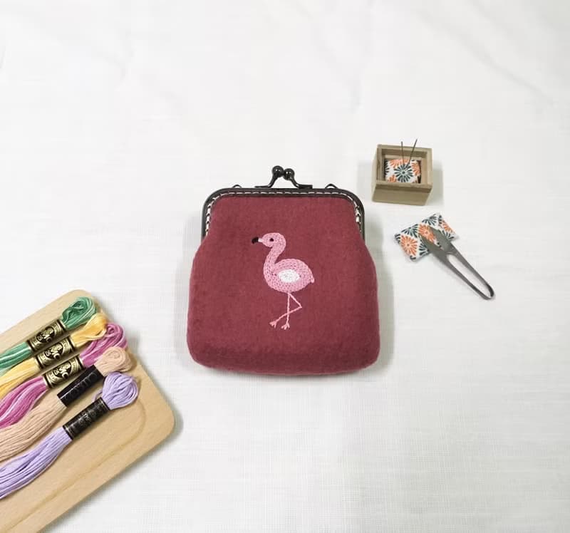 紅鶴/火鶴 刺繡 羊毛氈口金包 零錢包