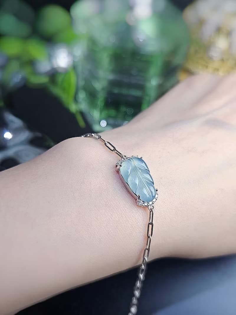 一夜暴富|仙氣冰玻藍翡放光葉子|A貨翡翠純銀簡約手鏈