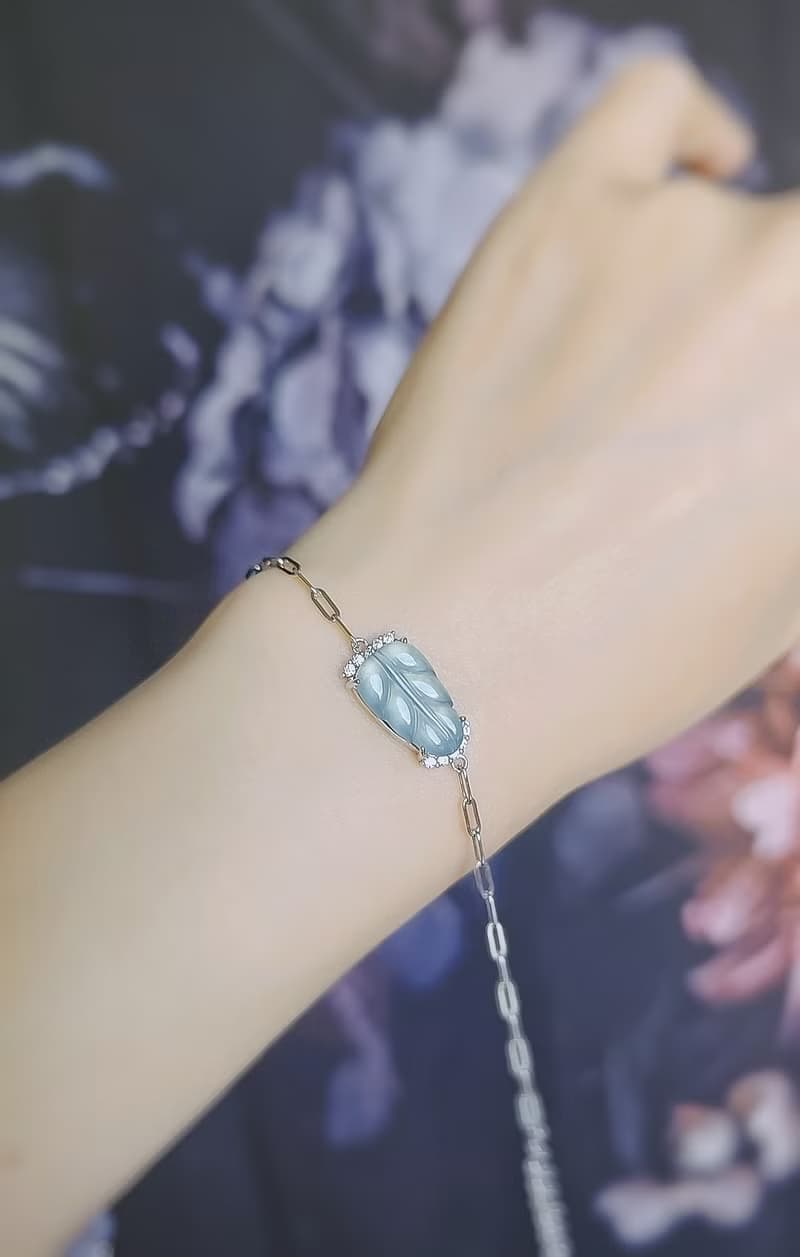 一夜暴富|仙氣冰玻藍翡放光葉子|A貨翡翠純銀簡約手鏈