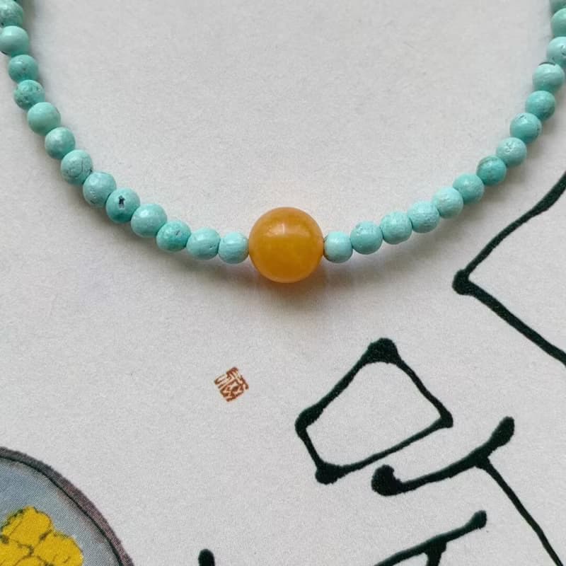 原創手工天然原礦綠松石黃玉手串手鏈生日禮物