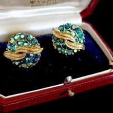 vintage jewelry   CORO 古典藍綠極光萊茵 夾式耳環