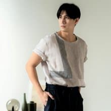 Blue & J Natural Linen Crew Neck Shirt Three Colors Block- Beige/Grey/Silver