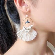 珍珠魚尾圈圈流蘇耳環 手作珍珠飾品 海洋 編織垂墜耳環 波西米亞