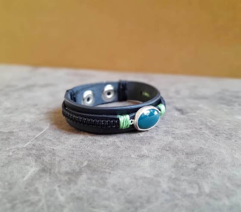 Natural Dark Green Aventurine Black Leather Bracelet on Sterling Silver Pedant