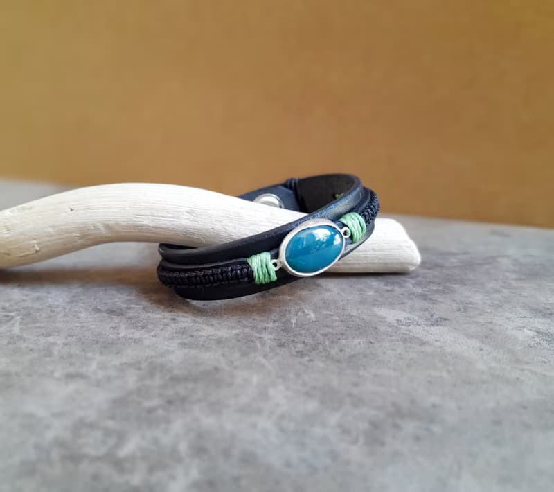 Natural Dark Green Aventurine Black Leather Bracelet on Sterling Silver Pedant