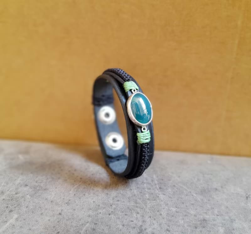 Natural Dark Green Aventurine Black Leather Bracelet on Sterling Silver Pedant