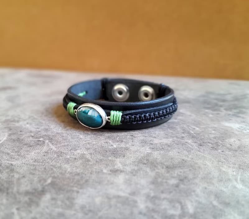 Natural Dark Green Aventurine Black Leather Bracelet on Sterling Silver Pedant