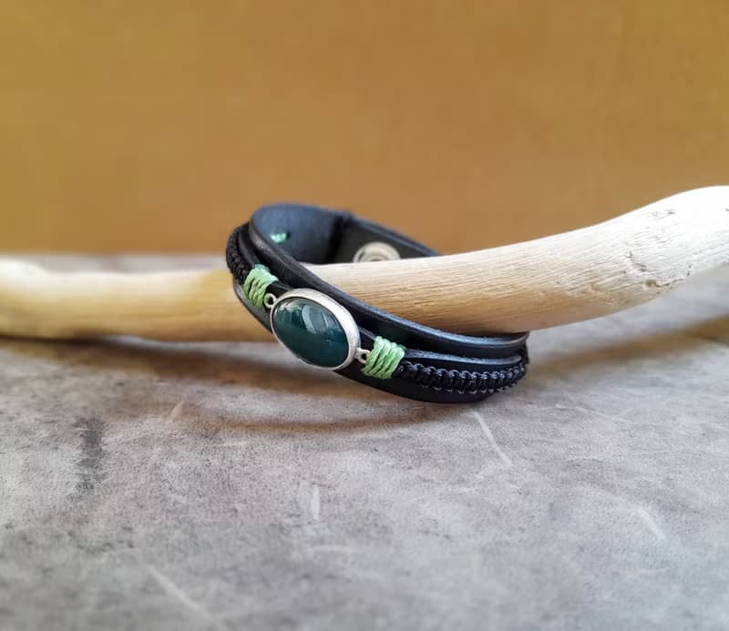 Natural Dark Green Aventurine Black Leather Bracelet on Sterling Silver Pedant