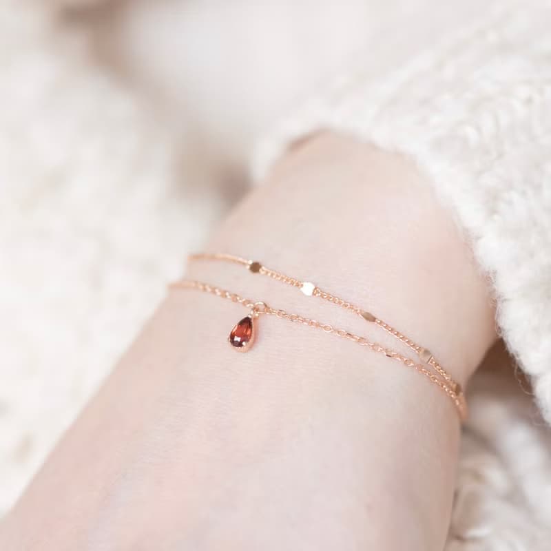 石榴石925純銀水滴寶石雙層手鍊