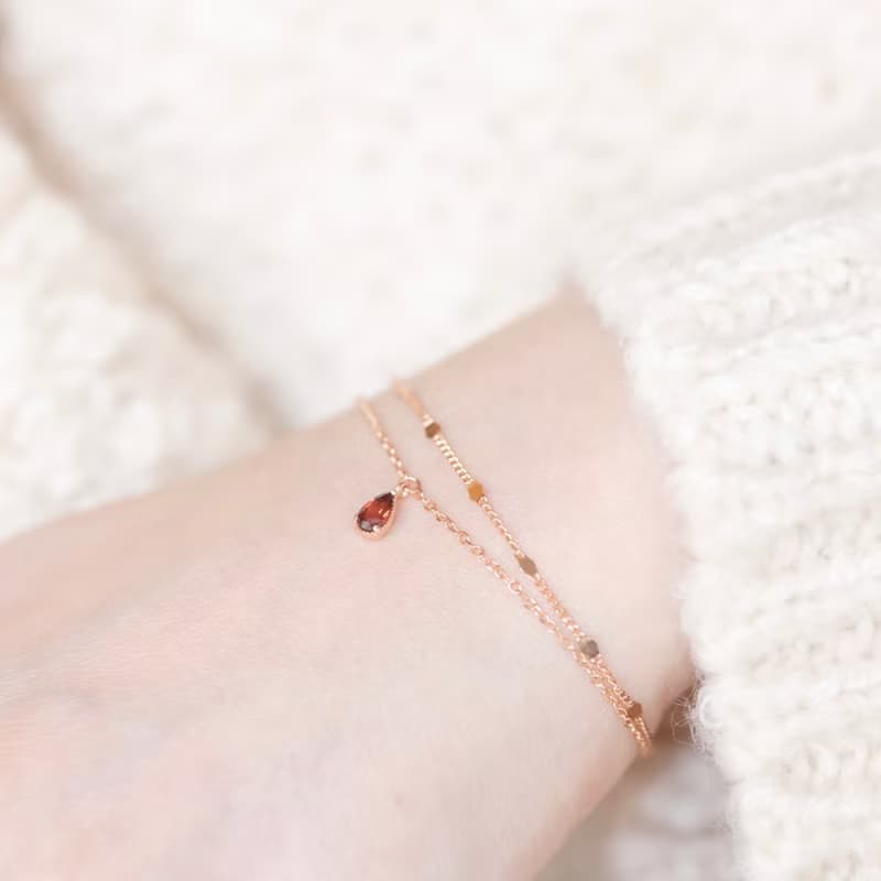 石榴石925純銀水滴寶石雙層手鍊