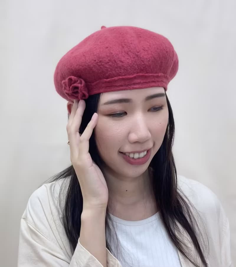 絲光美麗諾羊毛貝蕾帽 -  玫粉花漾