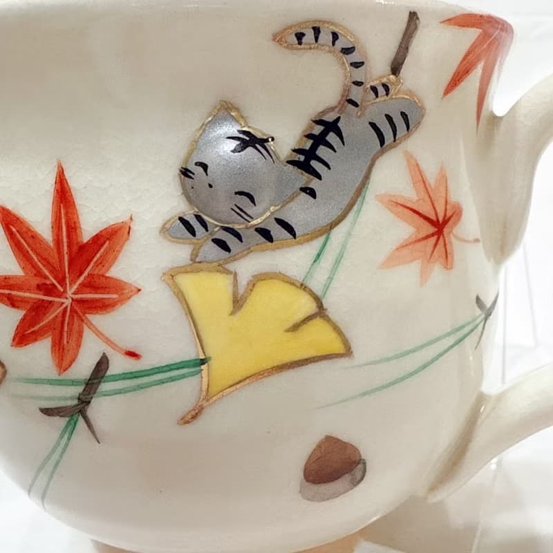京燒立體馬克杯 - 秋與貓(銀杏紅葉)