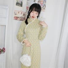 黃色碎花 兔毛裝飾斜襟開叉少女洋裝外套 新中式中秋春節改良旗袍