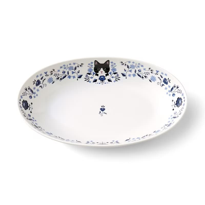 【貓部】花與小貓系列 - 青色系橢圓形深盤 送禮