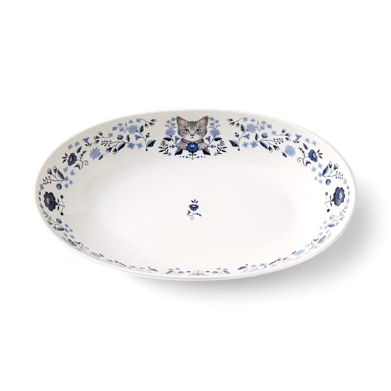 【貓部】花與小貓系列 - 青色系橢圓形深盤 送禮