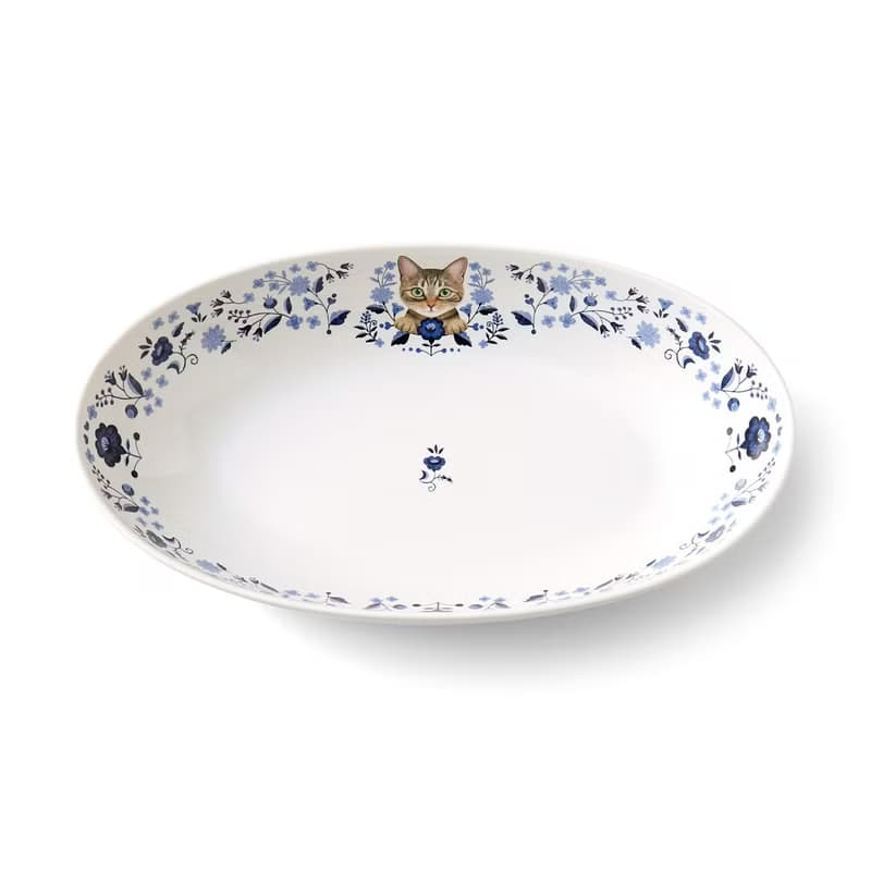 【貓部】花與小貓系列 - 青色系橢圓形深盤 送禮