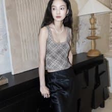法式復古 格紋網紗蕾絲邊背心
