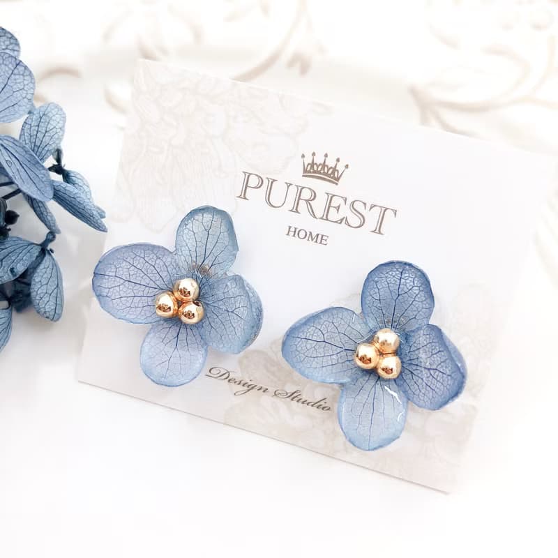 PUREST HOME 藍繡球女神の棉珍珠不凋花(可拆式)垂墜耳環/附禮盒