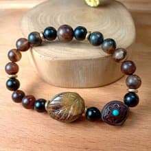 珠串雕刻手鍊 安居樂葉一葉致富/油青緬甸玉+霧木化