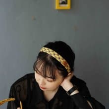 古董領帶改製手工髮箍-Hermès愛馬仕 小鼓樂器-鵝黃窄版