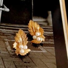 vintage jewelry SARAH COV刷金蕨葉珍珠 夾式耳環