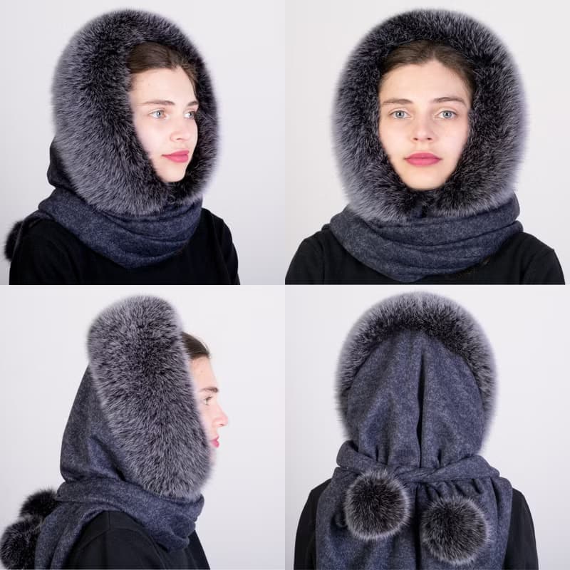 Women's Fur Hood Real Fox Fur Hat Arctic Fox, Blue Frost Fur Russian Fur Hat