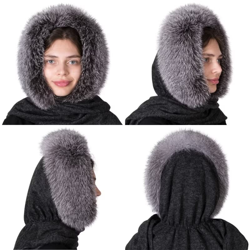 Women's Fur Hood Real Fox Fur Hat Arctic Fox, Blue Frost Fur Russian Fur Hat